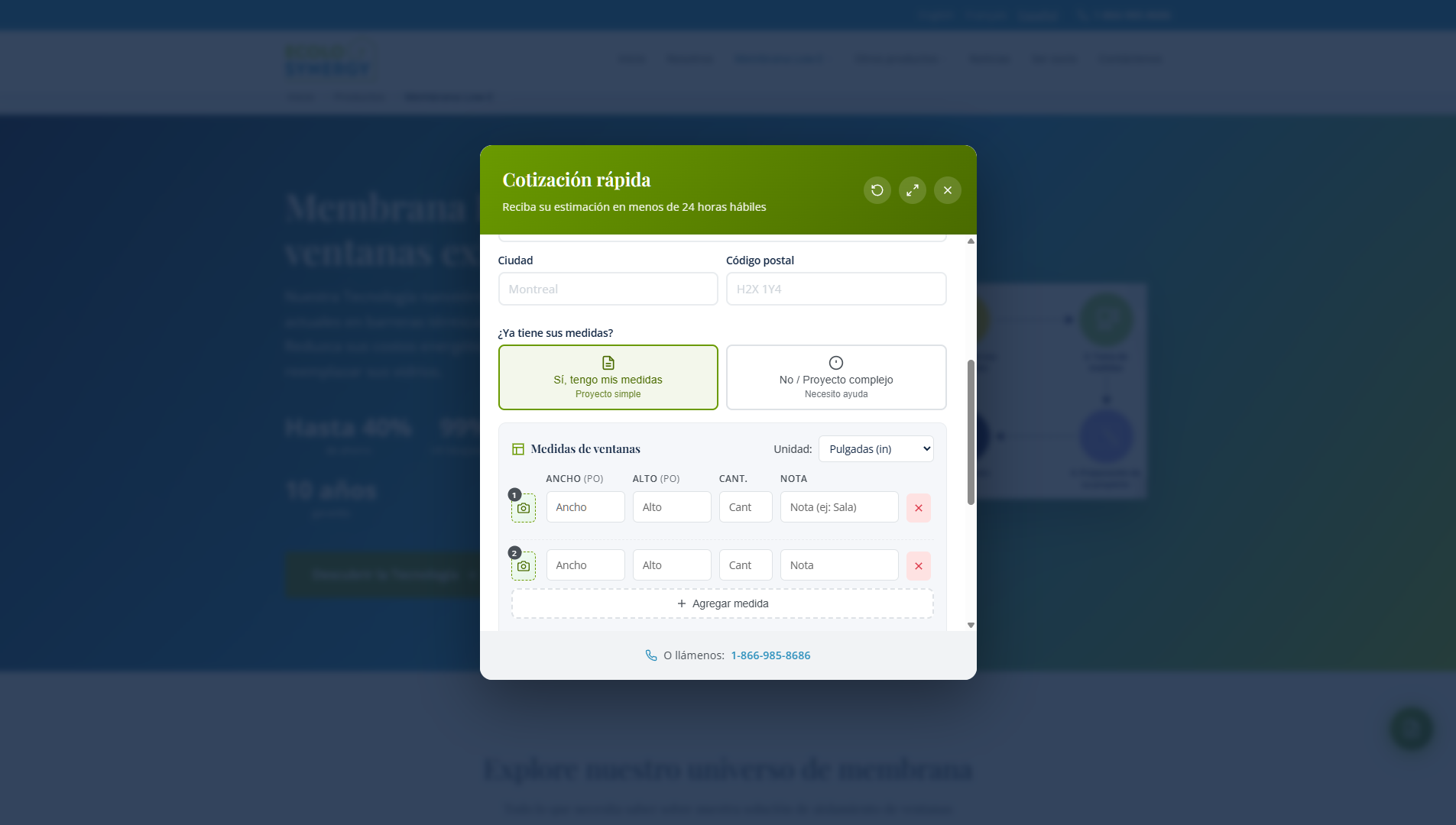 Interfaz de entrada de medidas de ventanas - versión escritorio