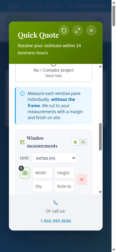 Window measurement input interface - mobile version