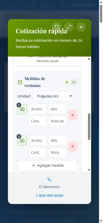 Interfaz de entrada de medidas de ventanas - versión móvil