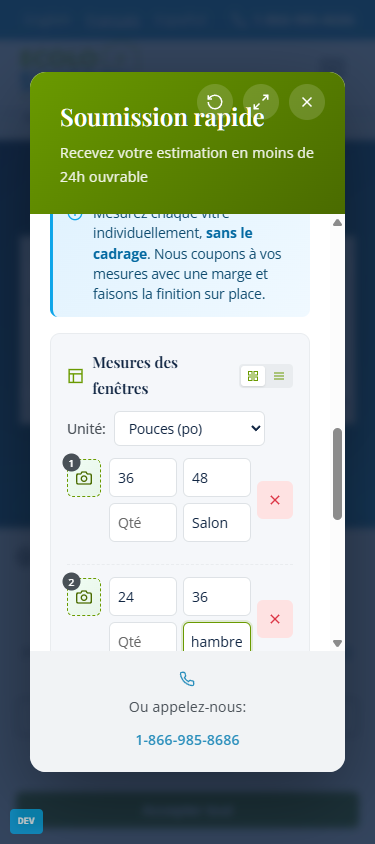 Interface de saisie des mesures de fenêtres - version mobile