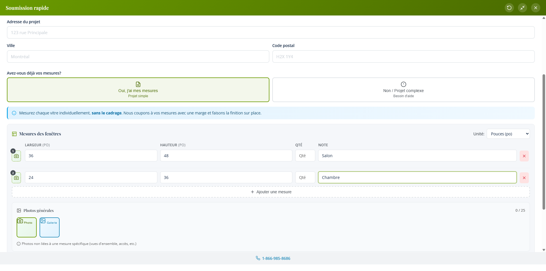Interface de saisie des mesures de fenêtres - version ordinateur